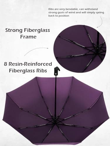 UK-UNIQUE Windproof Travel Umbrella - Compact, Light, Automatic, Strong and Portable - Wind Resistant, Small Folding Backpack Umbrella for Rain - Men and Women (Mulberry) — view 4