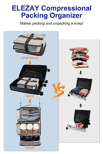 ELEZAY Hanging Packing Cubes Portable Closet 3-Shelf Travel Collapsible Compression Garment Organiser for Carry-on Luggage Suitcase Space Saver Bag X-Large_No Side Pockets, Lightgrey — view 2