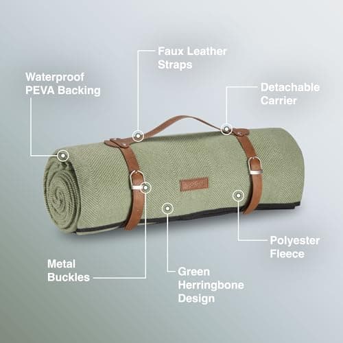 VonShef Picnic Blanket, Green Herringbone, 200x220cm — view 6