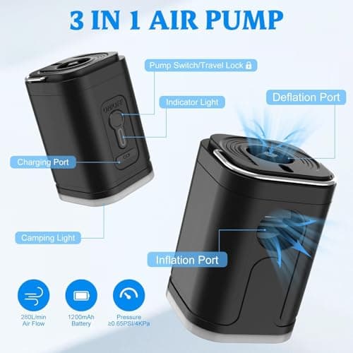 Portable Electric Pump for Inflatables, Xndryan Air Bed Pump with 5 Nozzles, Fast Inflate & Deflate 1200mAh Rechargeable Electric Air Pump for Mattress Vacuum Bag Paddling Pool Floats — view 2