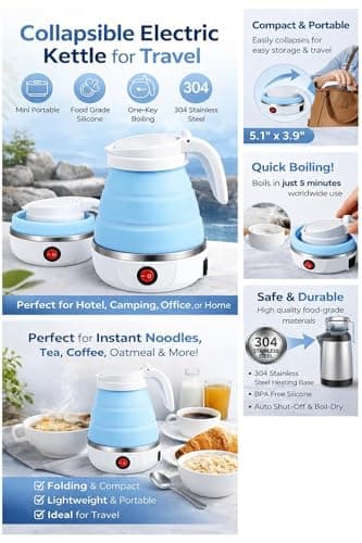Collapsible Silicone Travel Kettle, Portable Mini Electric Water Boiler with Auto Shut Off, Food-Grade Small Foldable Hot Water Kettle for Travel Camping Hotel — view 4
