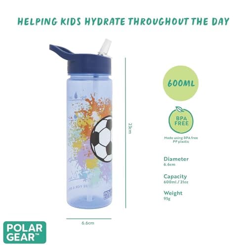 Polar Gear Football 600ml Kids Water Bottles with Straw Back to School Supplies Girls Boys Water Bottle - Water Bottle for Kids, Blue — view 3