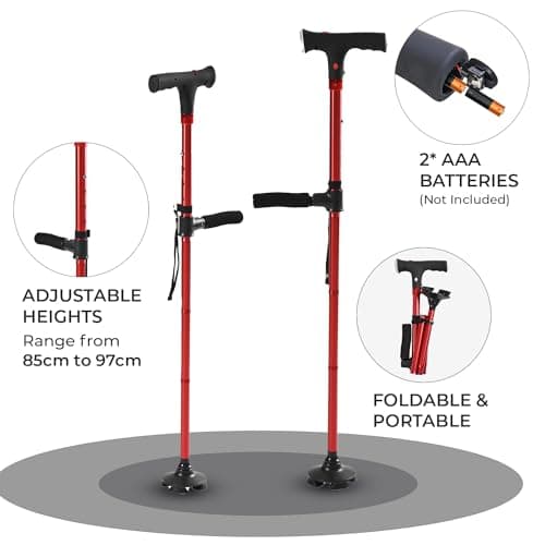TJC Folding Cane Walking Stick with LED Light & SOS Alarm - Lightweight, Adjustable & Portable with Balancing Quad Base - Mobility Aid for Elderly with Dual Handle & Strap for Carrying - Red — view 6