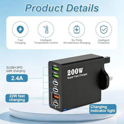 2PCS 200W USB C Charging Station with 6 Port Multi Fast Charger Plug UK — view 3