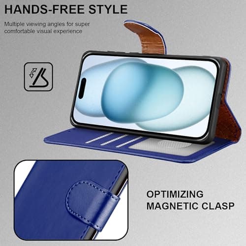 iCatchy for iPhone 15 Case 6.1 Inch, PU Leather Wallet Flip Case with Card Slots, RFID Blocking, Magnetic Closure, Stand, Full Body Protective Folio Cover (Blue) — view 4