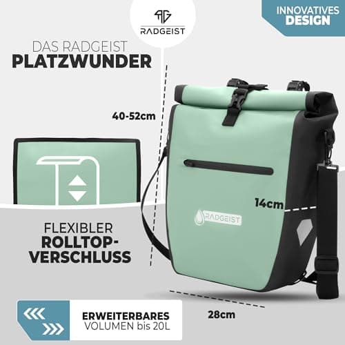 RADGEIST Set of 2 waterproof bike panniers for rack, with shoulder strap (mint 20 l) — view 6