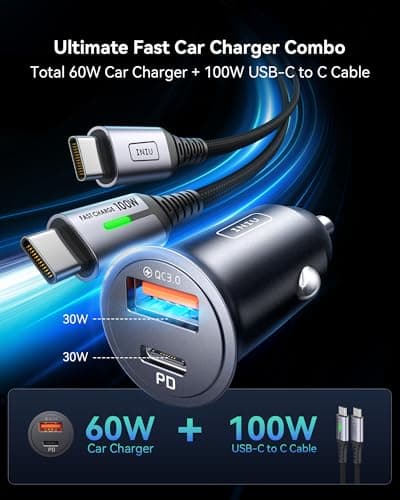 INIU Car Charger, Total 60W Cigarette Lighter Charger with 100W USB C Cable — view 2