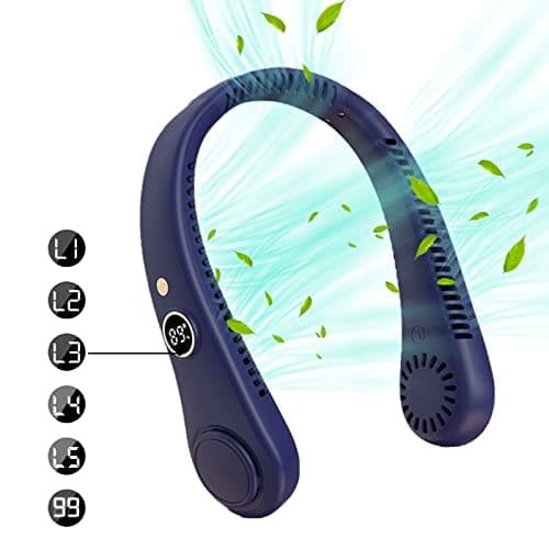GALER Neck Fan, Portable Rechargeable, Bladeless Neck Fan LED Display Mini 360° Cooling Personal Fans, 5 Speed Leafless Hanging USB Wearable Fans for Women Men Home Office Travel (Blue+) — view 2