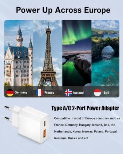 20W EU Travel Charger with USB-A/C Port UK to European Plug Adapter EU Plug — view 3
