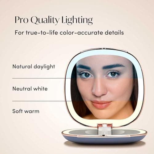 Fancii Mila 2 LED Lighted Compact Makeup Mirror, Rechargeable, 10x /1x Magnifying, Tru-Glow Light System, Vegan Leather, Small Travel Mirror for Purses (Harbor Blue) — view 3