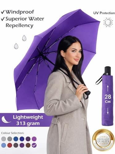 Windproof Travel Umbrella - Compact, Light, Full Automatic Open/Close - Folding Backpack Umbrella for Rain & Sun UV Preotection For Men & Women, Unbreakable 8 Fiberglass Ribs UK Design (Purple) — view 2