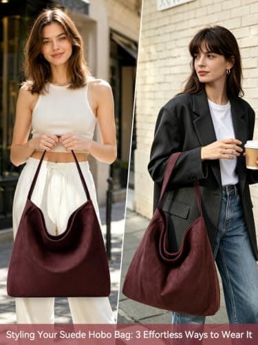 KALIDI FANCY FOREST Suede Tote Bag for Women, Multi Pockets Hobo Shoulder Bag, Large Fashion Handbag for School Work Shopping Travel Daily Use - burgundy — view 3