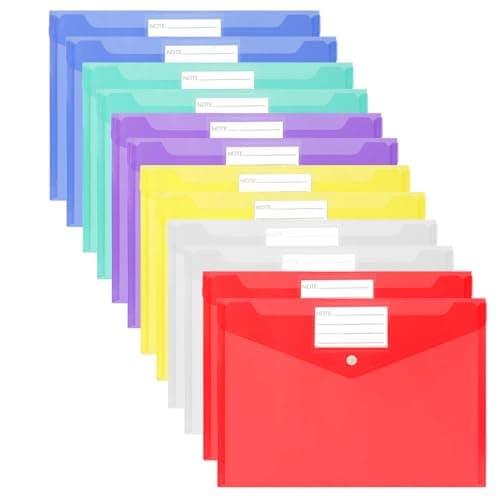 Plastic Wallets - 12 Pack A4 Folders Waterproof Plastic Wallets Document Folder Files Popper Wallets with Snap Button and Label for Home, Office, School and Travel