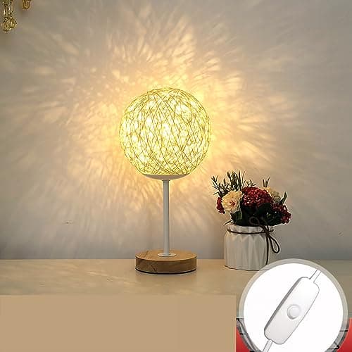 BAFOVY Desk Lamp Wood USB Desk Lamp with Rattan Ball Shade Soft LED Night Light Portable Power Bank Supply for Dormitory Bedroom Reading Study (Cream 5.9in)