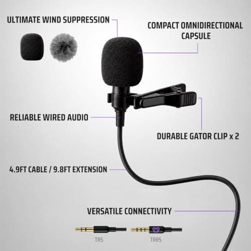 Purple Panda Lavalier Microphone Kit – Clip-On Lapel Mic for Motovlog, Creators & Vlogging – GoPro, DJI & Insta360 Action Cameras, iPhone, Android, iPad, DSLR, Zoom/Tascam, PS5 – Omnidirectional — view 5