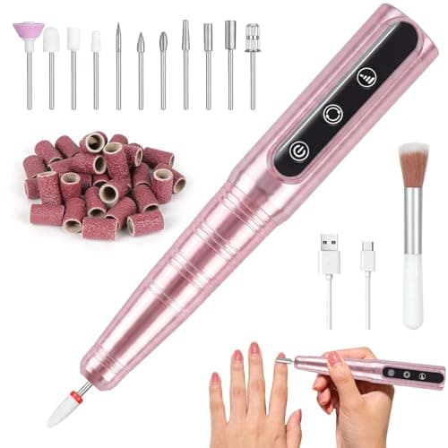 Vicloon Cordless Electric Nail Drill, 12 in 1 Rechargeable Nail File Kit 26000RPM 3 Speeds, Professional Portable Nails Kit with Bits & Sanding Bands for Beginners, for Acrylic & Gel, Pink