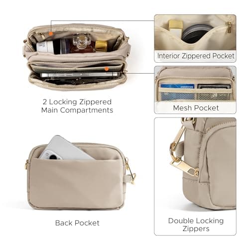 Joryin Anti Theft Crossbody Bag for Women, Slash-resistant RFID Blocking Travel Purses, Small Shoulder Bag Handbag, Nylon, Latte, 8.2 inches (L) x 5.5 inches (W) x 2.8 inches (H), Fashion — view 5