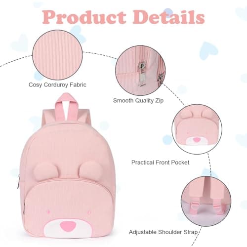 Aomig Kids Mini BackpackRucksack, Toddler Cartoon School Preschool Kindergarten Elementary Small Adjustable Corduroy Rucksack for School Travel(Cute Bear) — view 3