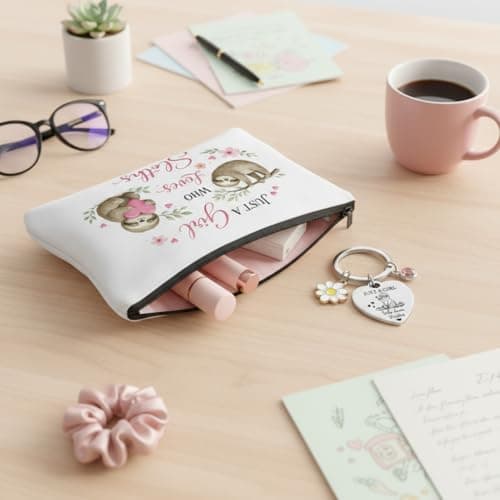 prezentz Sloth Gifts for Women, 3 Piece Cute Animal Lover Gift Set with Sloth Makeup Bag Cotton Socks and Stainless Steel Keyring, Birthday & Christmas Gift for Girls Daughter Sister Friend — view 3