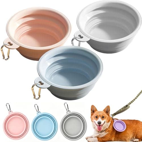 3 PCS Collapsible Dog Bowl, Foldable Silicone Pet Food And Water Bowl With Carabiners, Portable Travel Dog Bowl For Dogs And Cats, For Walking Hiking Camping Travel, Pink Grey Blue
