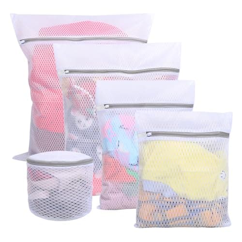 5PCS Mesh Laundry Bags for Washing Machine, Laundry Bags with Zips, Reusable Washing Machine Wash Bag for Clothes, Underwear, Bra,Socks (XL+L+M+S+Bra Bag,White)