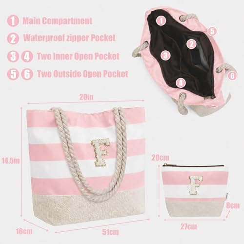 Vavabox Initial Beach Bag with Zip＆Pockets, Personalised Gifts for Women(S) — view 5