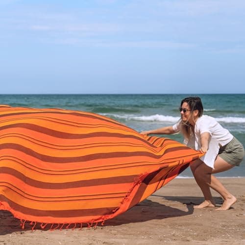 MOMOMUS Lightweight Extra Large Picnic Blanket for the Beach - XXL, with Fringes, Compact - Sandless Beach Mat, Sandproof Beach Blanket - Orange, 210x240 cm — view 4