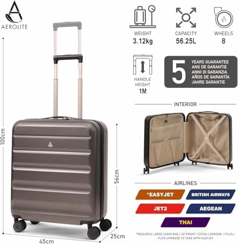 Aerolite 56x45x25cm British Airways Jet2 & easyJet Upgrade Maximum Allowance Large Lightweight 8 Wheel Carry On Hand Cabin Luggage Bag Suitcase 56x45x25 with TSA Approved Lock Charcoal Grey — view 2