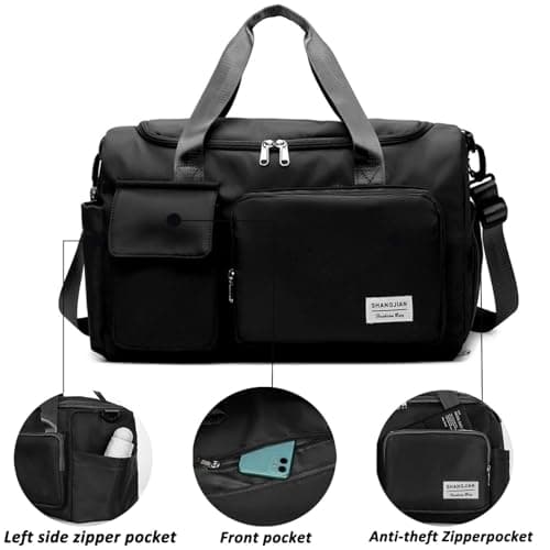 Sports Gym Bag Foldable Overnight Weekend Bags Womens Mens Duffel Bag with Shoes Compartment Water Resistant Holdall with Wet and Dry Separation Bag for Sports and Travel (Black) — view 3
