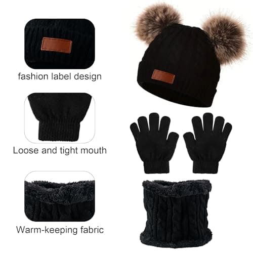 MUNSKT 3Pcs Kids Winter Warm Beanie Hat Scarf Gloves Set for 1-5 Years Old Boys Girls. Winter Accessories Sets for Children Outdoor Sports, Knit Thick Warm Fleece Lined Thermal Sets (Black 2) — view 3