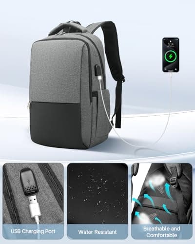 Backpack, Business Travel Backpack with Charging Port, Water Resistant Rucksack, Anti-Theft Backpack for Men Women, Fits 15.6-inch School Bag(Grey) — view 5