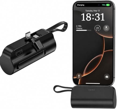 Nano Power Bank, Mini Portable Charger with Built-In USB C 5000mAh Battery Pack Fast Charging Pocket Size compatible for iPhone, for Samsung Galaxy, for Earbuds and for other devices