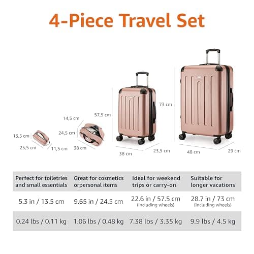 Amazon Basics Hardside Spinner Luggage Set, 4-Piece, Large Suitcase, Carry-On Suitcase, Tote Bag, Compact Travel Bag, Expandable, 4 Spinner Wheels, Rose Gold — view 4