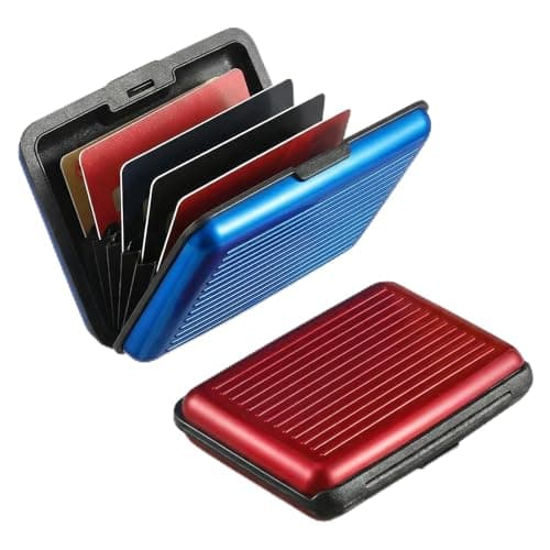 RFID Blocking Credit Card Holder 2 Pack – Aluminium Card Wallets for Men & Women, Metal ID Organiser Wallet with 6 Slots, Red & Blue, Slim Travel Credit Card Protector & Card Holder, Compact Gift Set