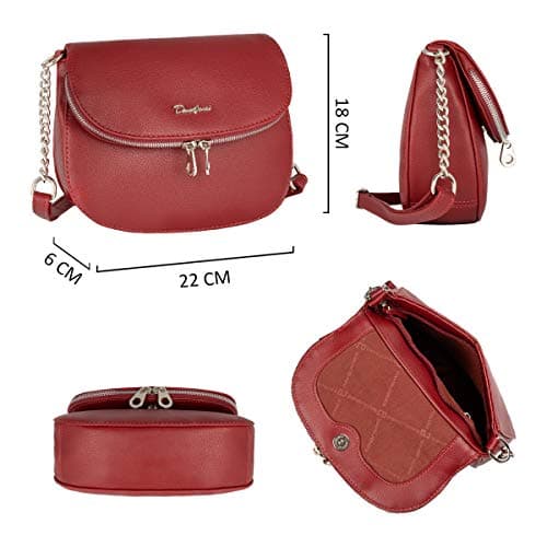David Jones - Women's Small Crossbody Bag - Ladies Chain Shoulder Bag PU Leather - Zipper Flap Messenger Bag Multiple Pocket - City Casual Saddle Handbag - Work Travel Phone Clutch Purse Burgundy Red — view 6