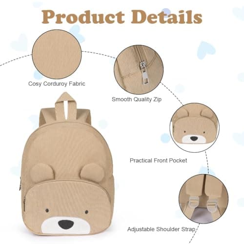 Aomig Kids Mini BackpackRucksack, Toddler Cartoon School Preschool Kindergarten Elementary Small Adjustable Corduroy Rucksack for School Travel(Cute Bear) — view 3