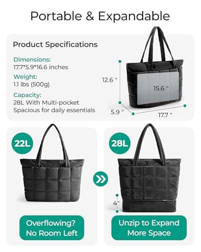bagsmart Expandable Tote Bag for Women,22-28L Lightweight Puffer Travel Bag — view 3