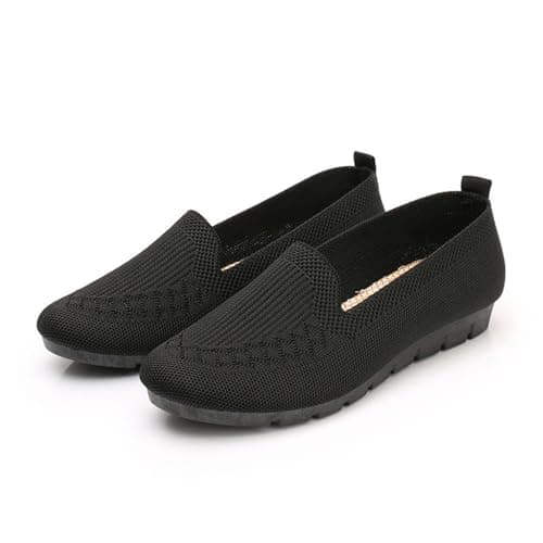 Women's Lightweight Knitted Loafers Casual Flat Shoes Orthopedic Comfortable Boat Shoes Flat Bottomed Breathable Shoes Retro Walking Flats Black