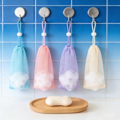 Exfoliating Soap Bags for Shower, 4Pcs Exfoliating Soap Bar Bag with Drawstring Travel Soaps Bar Bags, Drawstring Wash Bag (4 Colors, 6.7 x 3.1 in) — view 6
