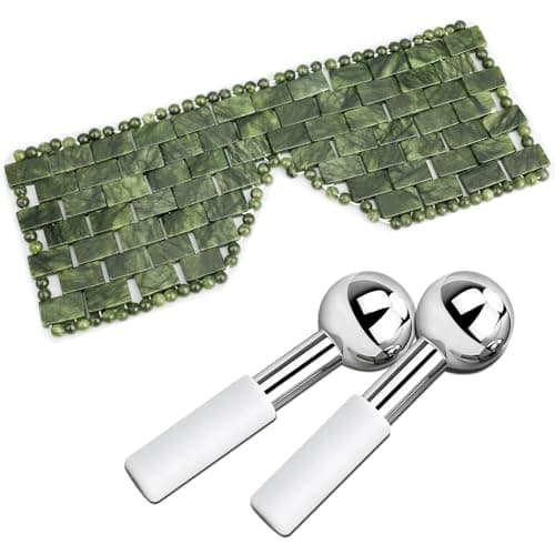 ideayard Jade Eye Mask + Stainless Steel Ice Globes, Home Spa Facial Tools for Puffy Eyes, Dark Circles & Wrinkles, Cooling Massager for Skin Tightening & Relaxation