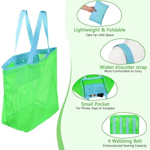 LAHAQIQI Extra Large Mesh Beach Toy Tote Bag with Drawstring- Foldable Lightweight Swimming Travel & Summer Essentials for Women Kids (Green) — view 4