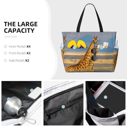 AACPPB Warm Gold Giraffe Pair Printed Oversized Beach Tote, Multi-Pocket Travel Bag, Lightweight Waterproof Pool Handbag — view 5
