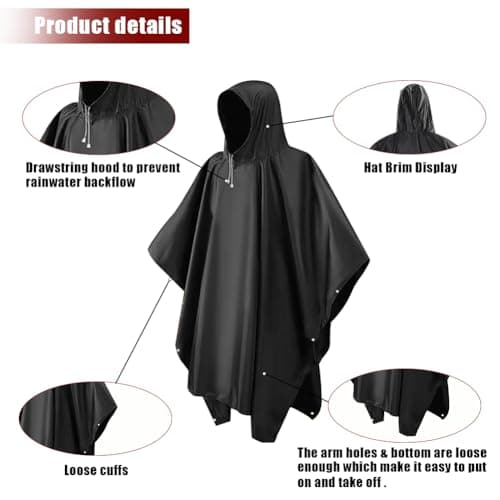 2Pcs Reusable Adult Rain Ponchos, Black Waterproof Poncho Adult, Thick & Wear-Resistant Rain Coat with Drawstring Hood, Portable Rain-Poncho Family Pack for Emergency Outdoors Camping Men Women — view 3