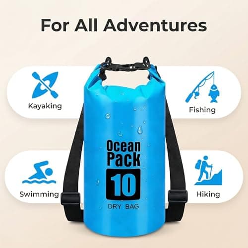 RONGZUBAT 10L Waterproof Dry Bag with Shoulder Strap, Roll Top Dry Sack for Towels and Clothes, Waterproof Bag for Kayaking, Paddle Boarding, Boating, Beach, Camping and Travel - Blue — view 3