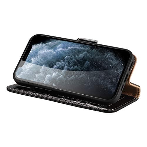 nincyee Genuine Leather Wallet Case for iPhone 13,Classic Crocodile Pattern Real Leather Flip Stand Case Cover with Card Slot Black — view 4