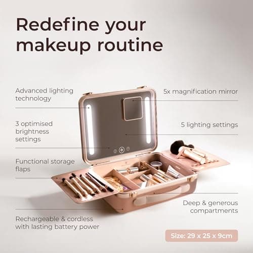 Beautifect Box Rose Gold - Large Makeup Bag with LED Light Up Mirror - Quilted Metallic Vanity Case Travel Cosmetics Bag for Women - Toiletry & Make Up Organiser with Compartments & Brush Holders — view 3