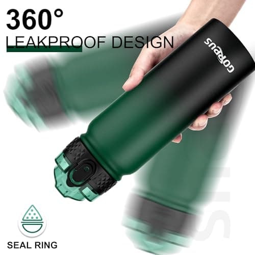 GOPPUS 600ml/20oz Stainless Water Bottle with Straw Double Wall Insulated Bottles with Strap One Hand Open Vacuum Thermal Flask with Flip Top Lid Leakproof Keep Cold Drinks BPA Free (Green Black) — view 3