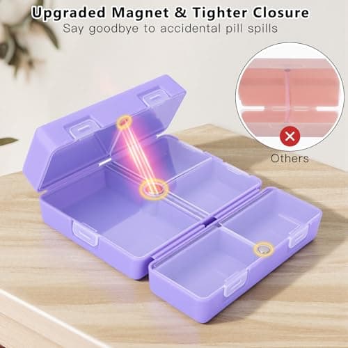 FYY 7 Day Pill Organiser, Travel Tablet Box, [Foldable Design] Weekly Medication Case, Portable Daily Supplements Storage Organizer for Vitamins, Cod Liver Oil, Small-Purple — view 4