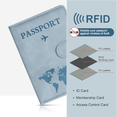 OFFCUP Passport Holder Cover, PU Leather Passport Cover and Luggage Tag Set with RFID Blocking Travel Wallet, Universal Travel Wallet Case Organiser for Money, Boarding Passes, Credit Cards Sky Blue — view 5