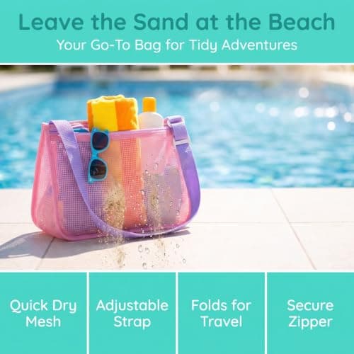 Kemay Mesh Beach Bag for Kids, Foldable Seashell Collecting Bag with Adjustable Strap, Sand Remover Shower Caddy Tote, Quick Dry Wash Bag for Swimming Pool, Travel and Camping Accessories — view 2